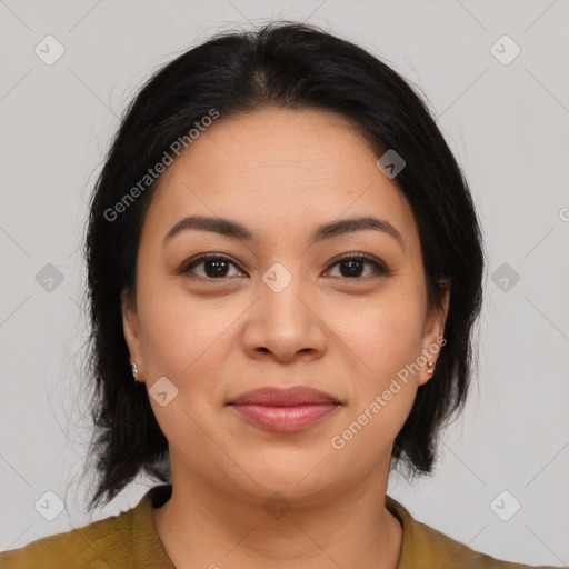 Joyful asian young-adult female with medium  brown hair and brown eyes