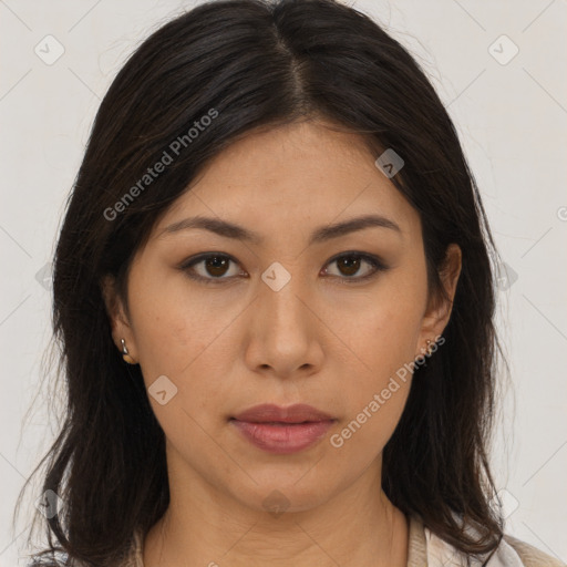 Neutral asian young-adult female with long  brown hair and brown eyes