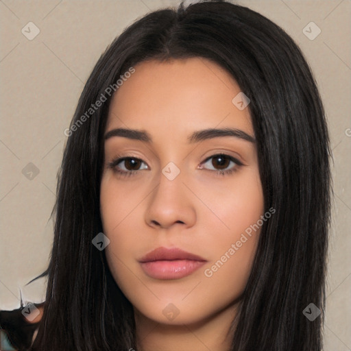 Neutral latino young-adult female with long  black hair and brown eyes