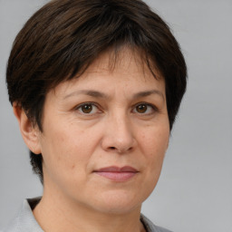 Joyful white adult female with short  brown hair and brown eyes