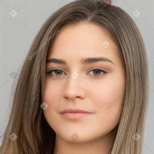 Neutral white young-adult female with long  brown hair and brown eyes