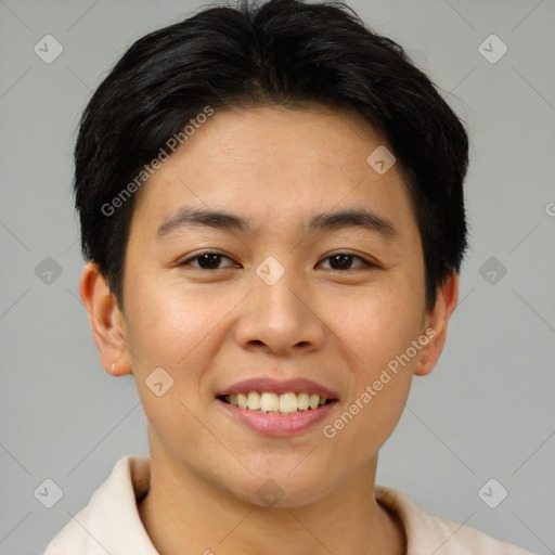 Joyful asian young-adult female with short  brown hair and brown eyes