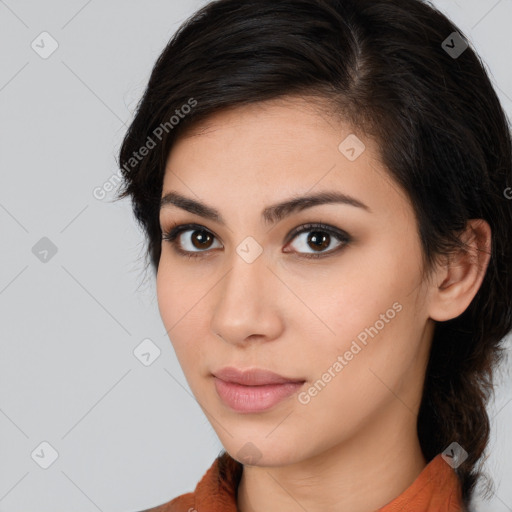 Neutral white young-adult female with medium  brown hair and brown eyes