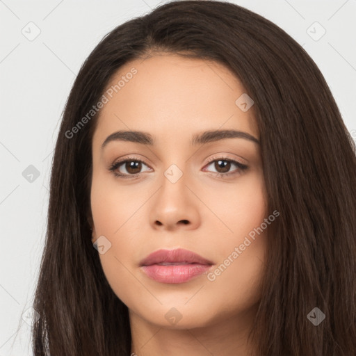 Neutral white young-adult female with long  brown hair and brown eyes