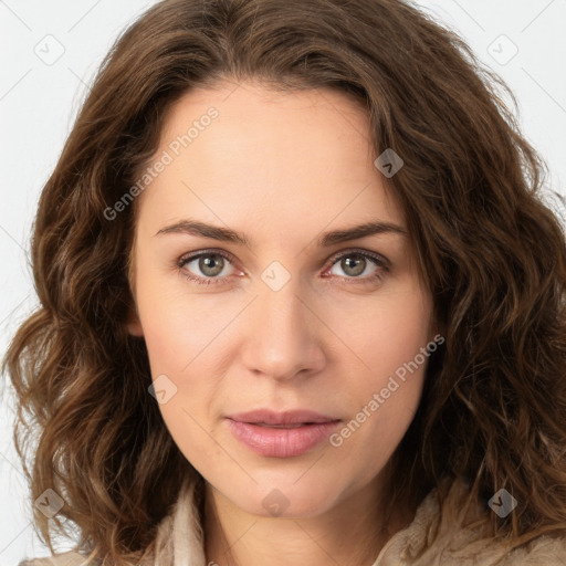 Joyful white young-adult female with long  brown hair and green eyes