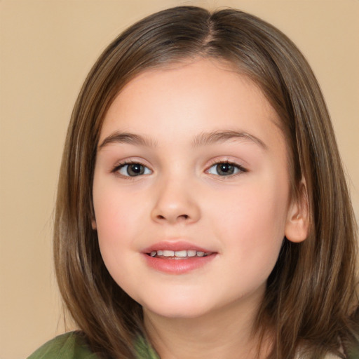 Joyful white child female with medium  brown hair and brown eyes