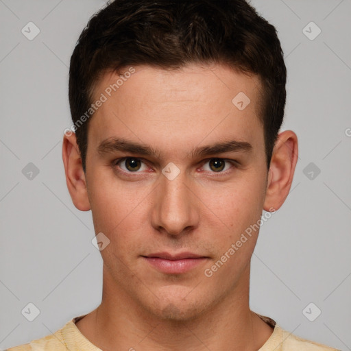 Neutral white young-adult male with short  brown hair and grey eyes