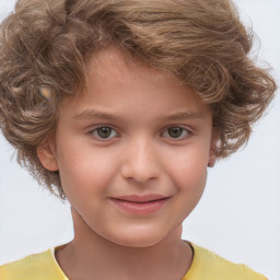 Joyful white child female with short  brown hair and brown eyes