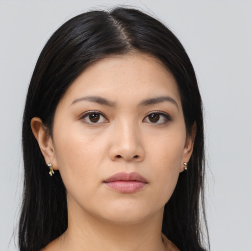 Neutral asian young-adult female with long  black hair and brown eyes