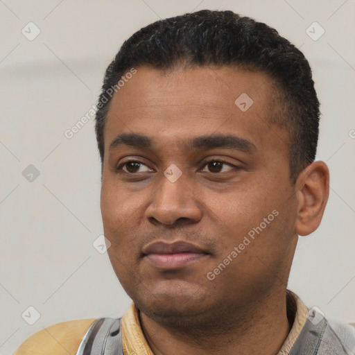 Neutral latino young-adult male with short  black hair and brown eyes
