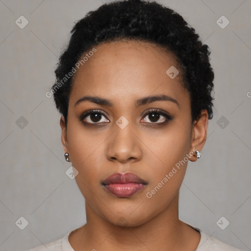 Neutral latino young-adult female with short  black hair and brown eyes