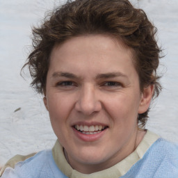 Joyful white young-adult female with short  brown hair and blue eyes