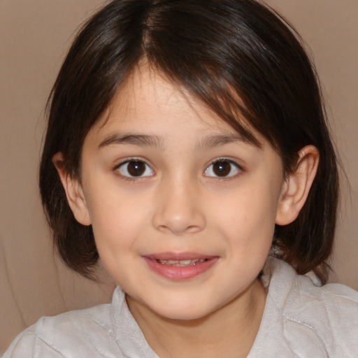 Joyful white child female with medium  brown hair and brown eyes