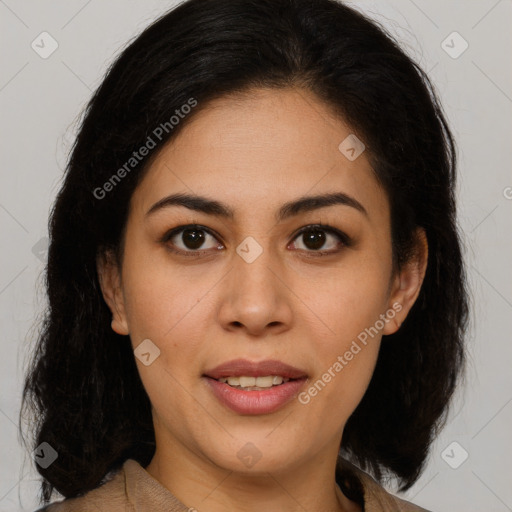 Joyful latino young-adult female with medium  brown hair and brown eyes