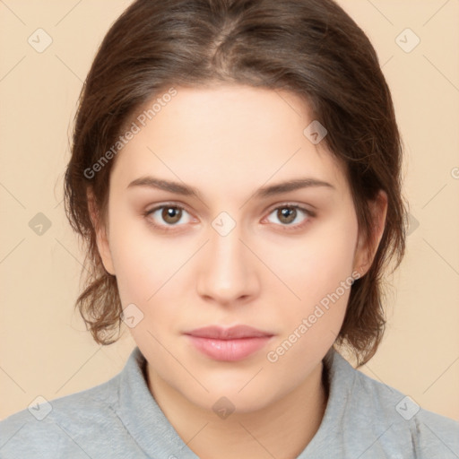 Neutral white young-adult female with medium  brown hair and brown eyes