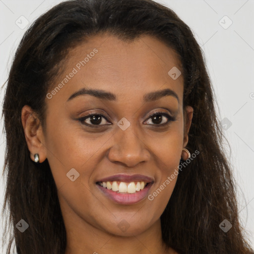 Joyful latino young-adult female with long  brown hair and brown eyes