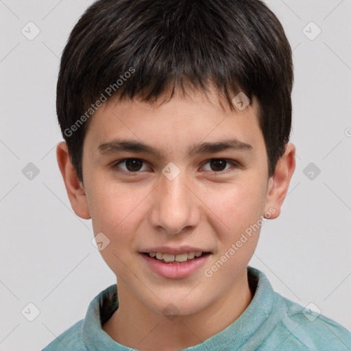 Joyful white child male with short  brown hair and brown eyes