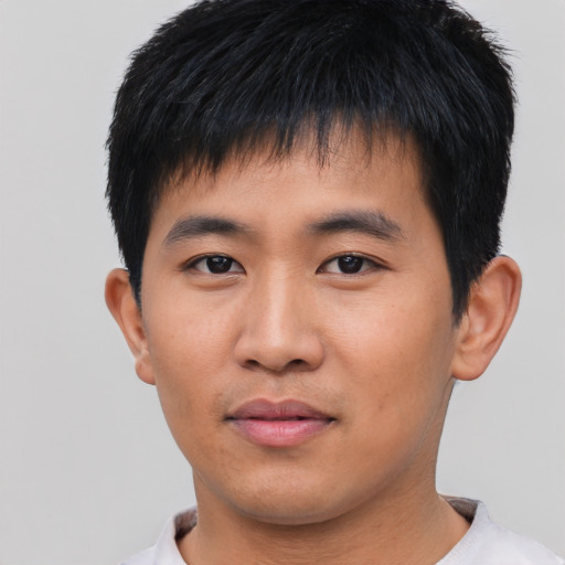 Neutral asian young-adult male with short  black hair and brown eyes