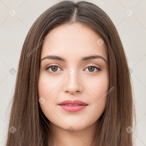 Neutral white young-adult female with long  brown hair and brown eyes