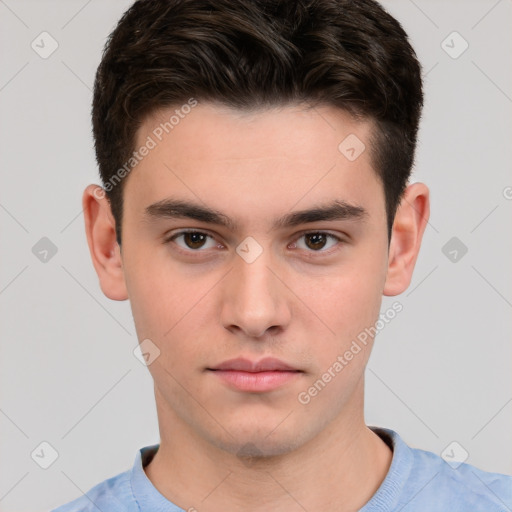 Neutral white young-adult male with short  brown hair and brown eyes