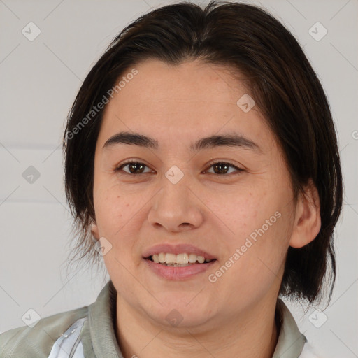 Joyful white young-adult female with medium  brown hair and brown eyes