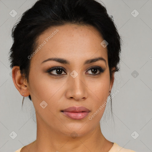 Neutral latino young-adult female with short  black hair and brown eyes