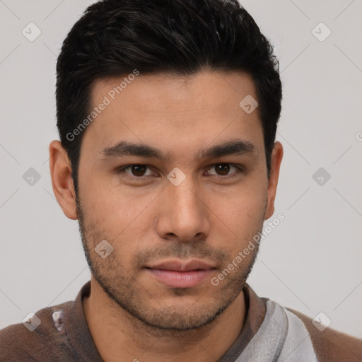 Neutral asian young-adult male with short  black hair and brown eyes