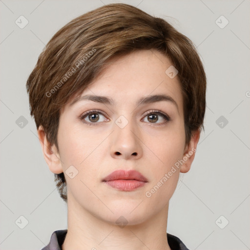 Neutral white young-adult female with short  brown hair and brown eyes