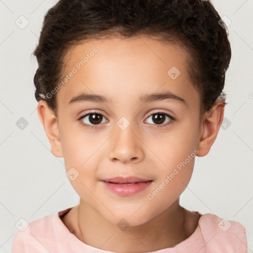 Joyful white child female with short  brown hair and brown eyes