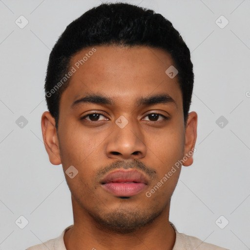 Neutral latino young-adult male with short  black hair and brown eyes