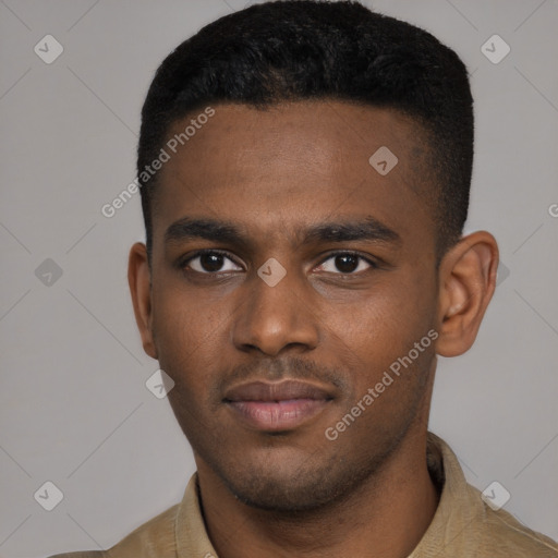 Joyful black young-adult male with short  brown hair and brown eyes