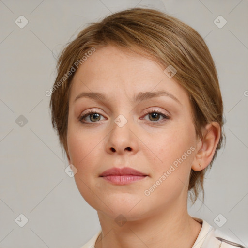 Neutral white young-adult female with medium  brown hair and brown eyes