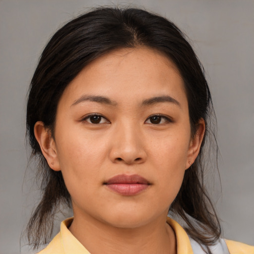 Neutral asian young-adult female with medium  brown hair and brown eyes