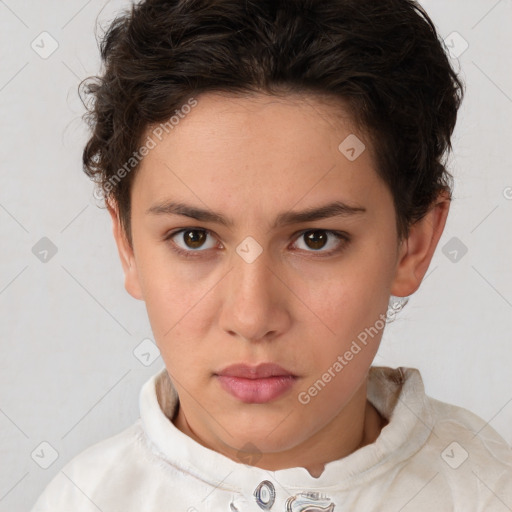 Neutral white young-adult female with short  brown hair and brown eyes