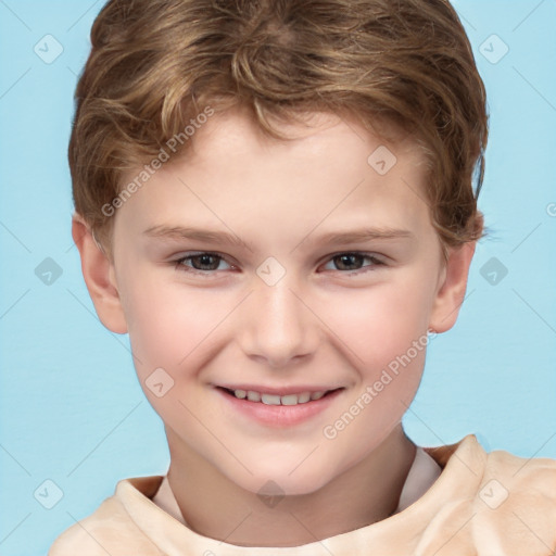 Joyful white child male with short  brown hair and brown eyes