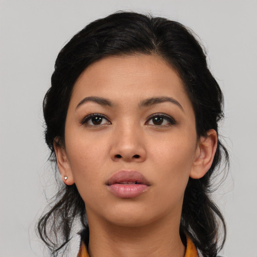 Neutral asian young-adult female with medium  black hair and brown eyes