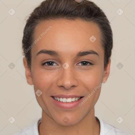 Joyful white young-adult female with short  brown hair and brown eyes