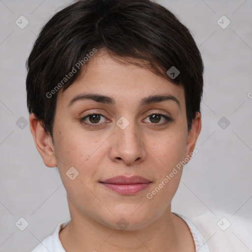 Joyful white young-adult female with short  brown hair and brown eyes