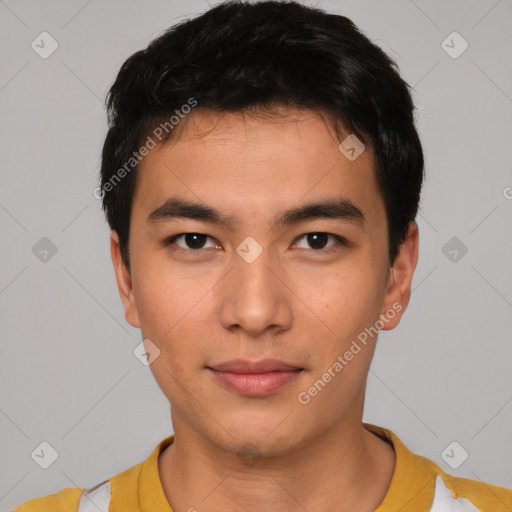 Neutral asian young-adult male with short  black hair and brown eyes