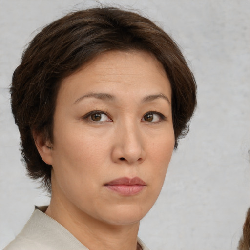 Neutral white adult female with medium  brown hair and brown eyes