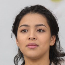 Neutral asian young-adult female with medium  brown hair and brown eyes