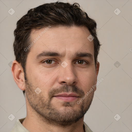 Neutral white young-adult male with short  brown hair and brown eyes