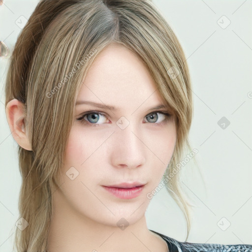 Neutral white young-adult female with long  brown hair and blue eyes