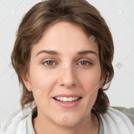 Joyful white young-adult female with medium  brown hair and green eyes