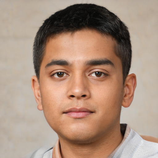 Neutral asian young-adult male with short  brown hair and brown eyes