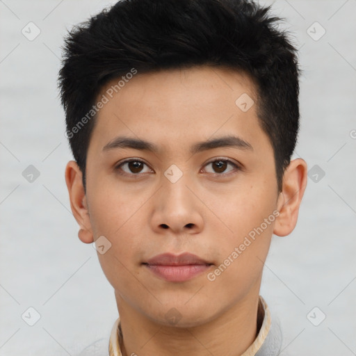 Neutral asian young-adult male with short  black hair and brown eyes