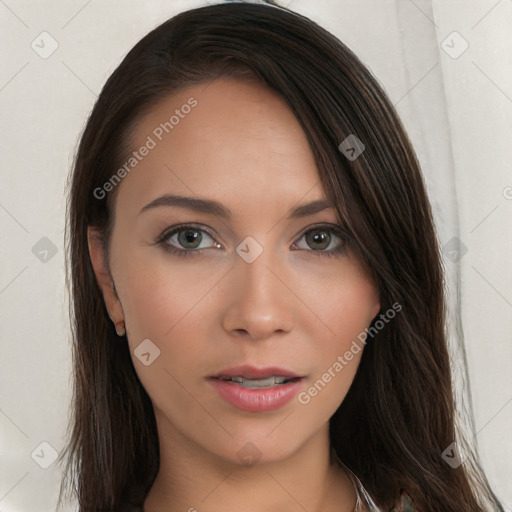 Neutral white young-adult female with long  brown hair and brown eyes