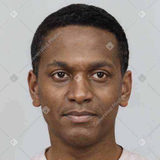 Neutral black young-adult male with short  black hair and brown eyes