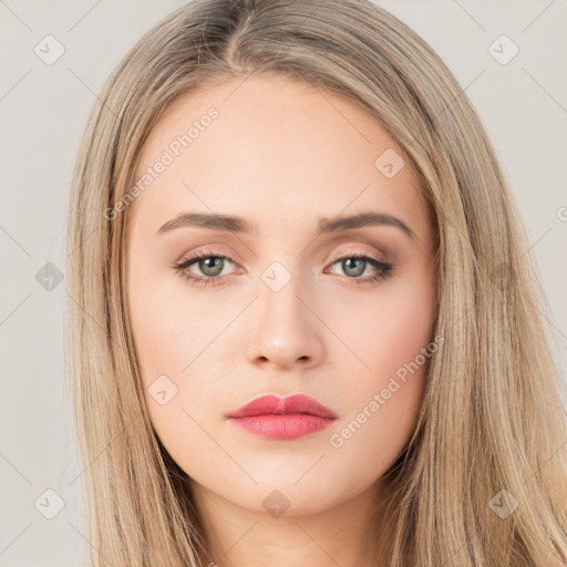 Neutral white young-adult female with long  brown hair and brown eyes