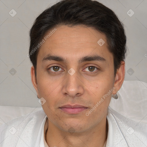 Neutral white young-adult male with short  brown hair and brown eyes